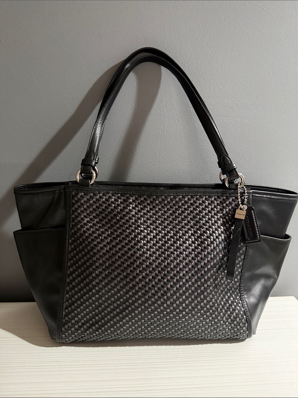Coach Park Woven Leather Tote Bag black & silver w/a woven leather panel 2014